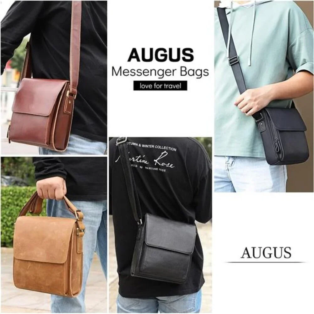 Leather Messenger Shoulder Crossbody Bag for Men Work Business Vintage Magnetic
